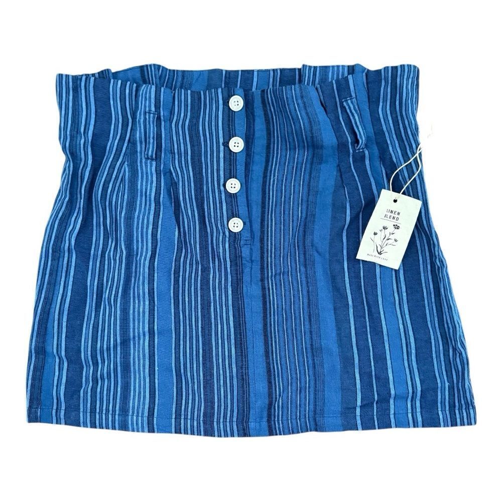 Indigo Rein Linen Blend Blue Striped Button Front Mini Skirt NWT XL